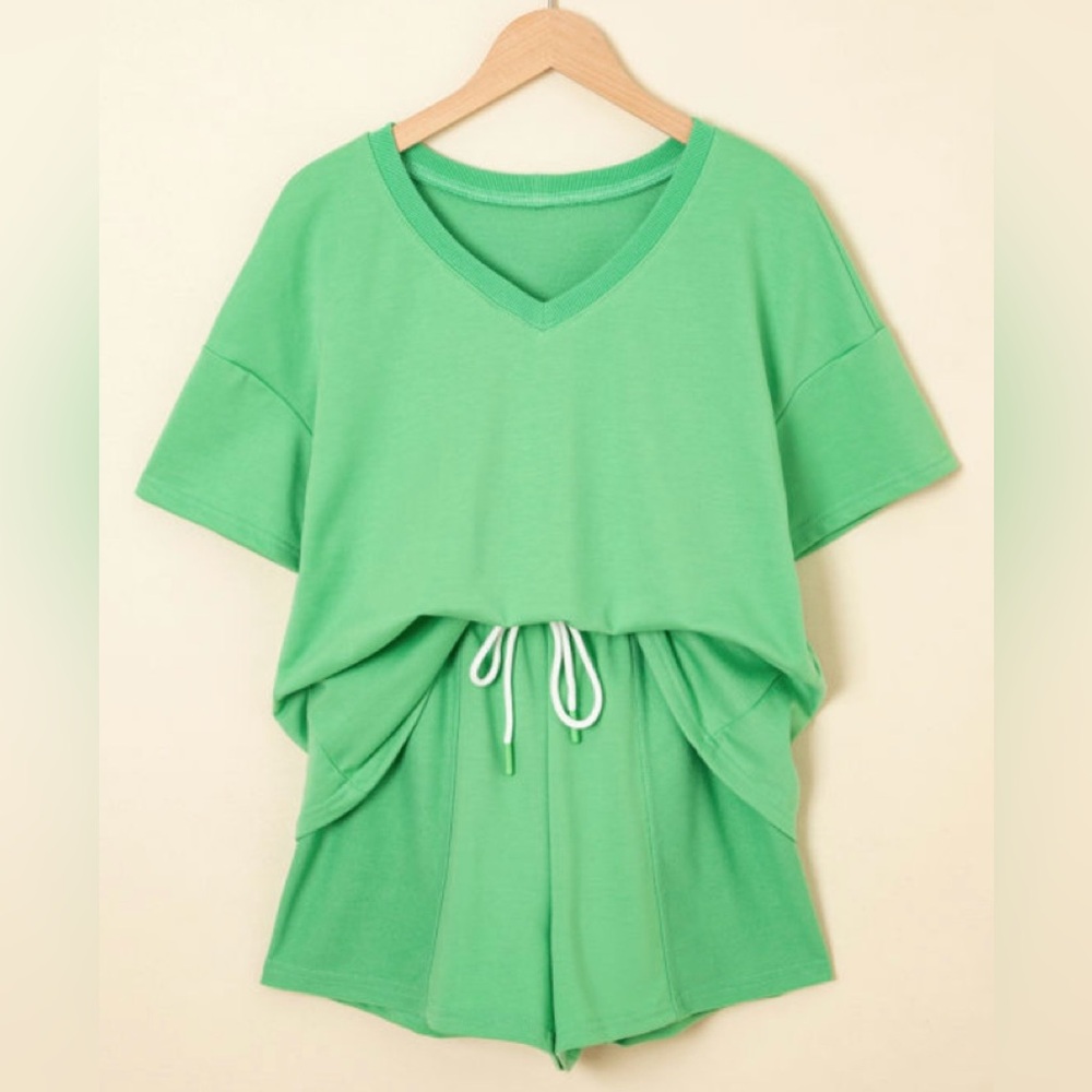 Green V-Neck Drawstring Lounge Set